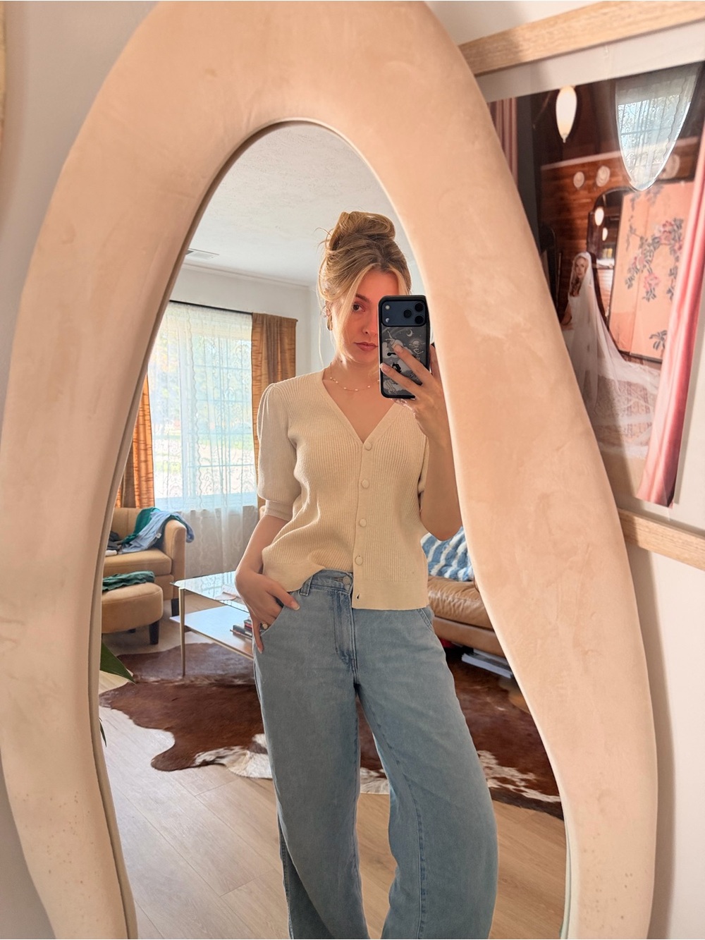 Vintage Cream V-Neck Short Puff Sleeve Button Cardigan